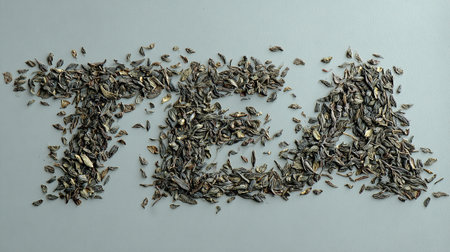 Green tea leaves forming the word tea on grey background, top viewの素材