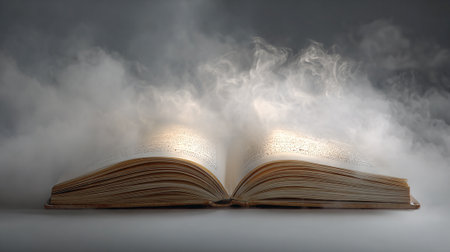 Opened book with smoke and light coming out of pages on white backgroundの素材
