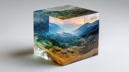 3d illustration of a cube with a picture of a mountain landscapeの素材