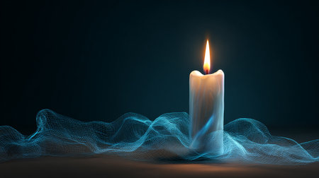 3d rendering of a glowing candle on a dark blue background.の素材