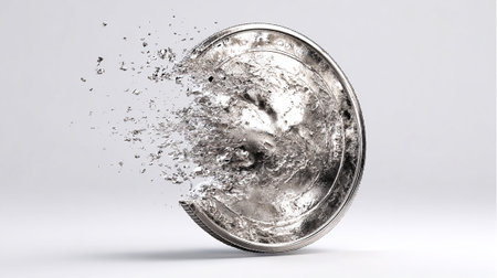 Silver coin with splashes of water on a white background. 3d renderingの素材