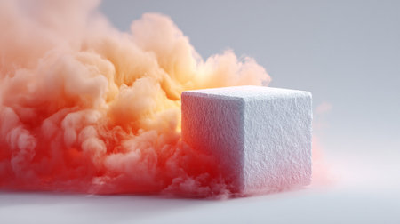 3d rendering of white cubes with red smoke on a white backgroundの素材