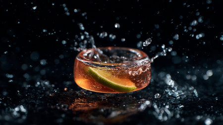 Cocktail with lime and water splash on a black background.の素材