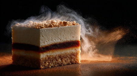 Tiramisu cake on black background with smoke. Copy space.の素材