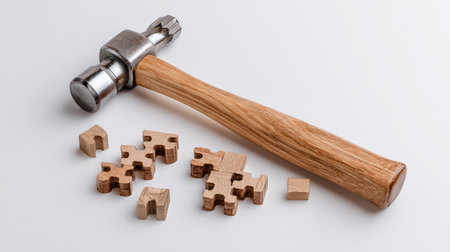 Hammer and wooden puzzle pieces on a white background. Isolatedの素材
