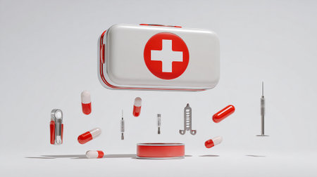3d rendering of first aid kit with pills and syringe on white backgroundの素材