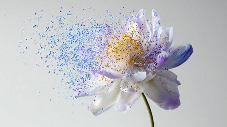 Lotus flower on a white background with blue and yellow sequinsの素材