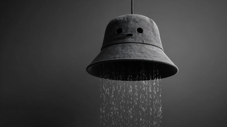 Hanging lamp with rain falling on dark background. Black and whiteの素材