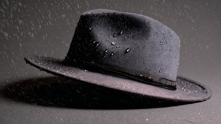 Black hat with rain drops on a dark background, close-upの素材
