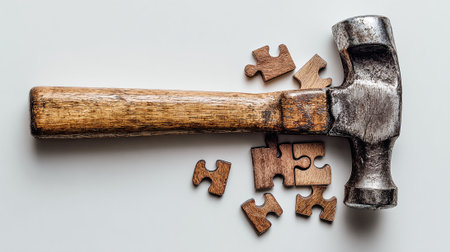 Hammer with wooden puzzle pieces on white background, close-upの素材