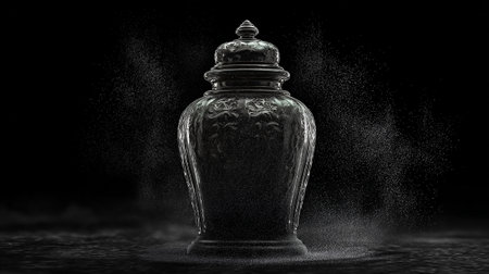 3d rendering of a glass jar with water droplets on a black backgroundの素材