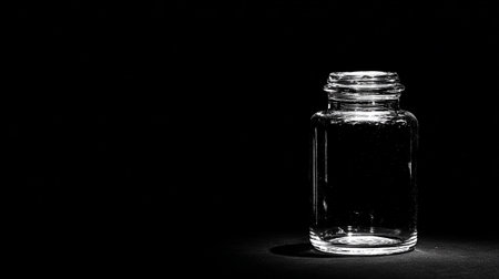 Empty glass jar on black background. Black and white photo with copy space.の素材
