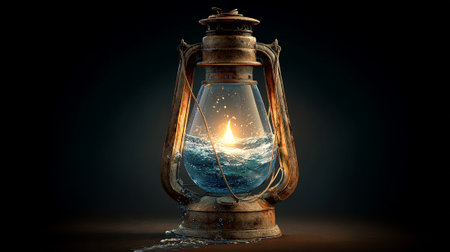 Kerosene lamp with water and sailboat. 3d renderingの素材