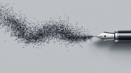 Fountain pen flying in the air with dust particles. 3d illustrationの素材