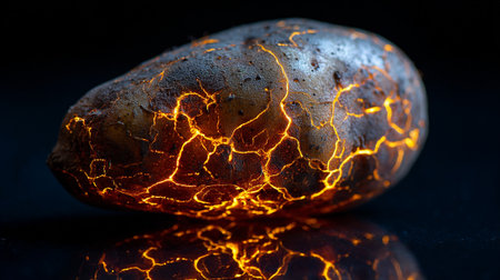 close up of a hot stone on a black background with lighting effectsの素材