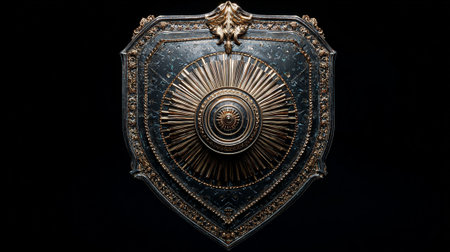 Bronze shield on a black background. 3d rendering, 3d illustration.の素材