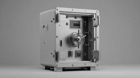 3d rendering of an open safe with a combination lock on a gray backgroundの素材
