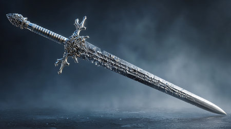 Medieval sword on a dark background. 3d rendering toned imageの素材