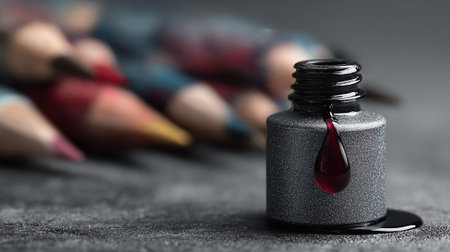 Pencils and a drop of paint on a black background.の素材