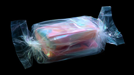 Transparent polyethylene cellophane bag isolated on black backgroundの素材