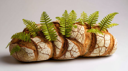 Sliced bread with fern leaves on a white background.の素材
