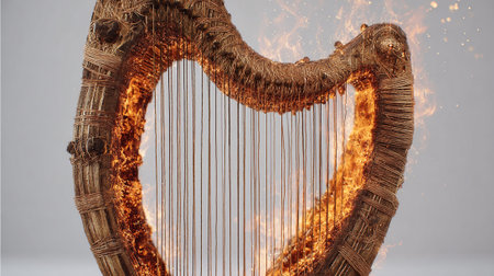 Harp in flames on white background. 3d rendered illustration.の素材