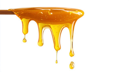 Honey dripping from a wooden spoon on a white background. Isolatedの素材
