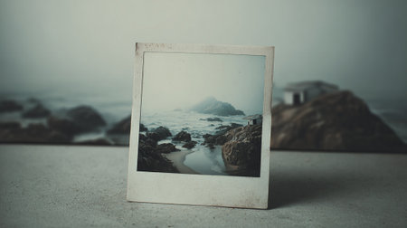 Vintage photo frame on the sand with sea and mountain background.の素材
