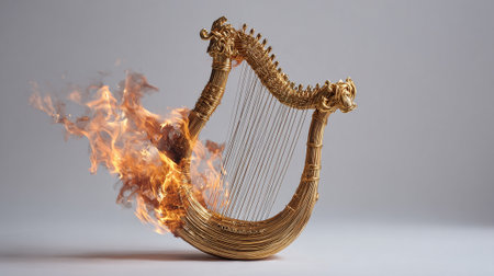Harp in flames on a white background. 3d illustration.の素材