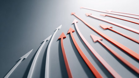 Red arrows pointing up on grey background. 3d render illustration.の素材