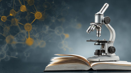 Microscope and open book on a dark background. 3d illustrationの素材