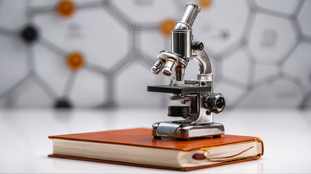 Microscope and book on a white background. Scientific research concept.の素材