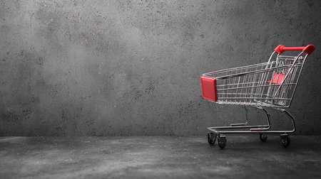 Shopping cart on grey concrete wall background. 3D Renderingの素材