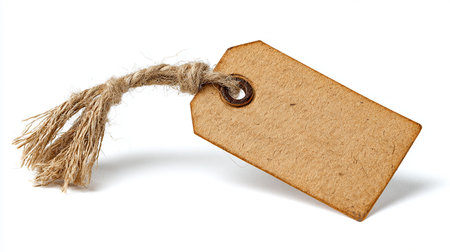 Blank tag tied with rope isolated on white background with clipping pathの素材
