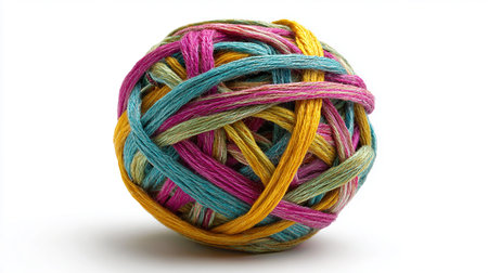 Ball of multicolored yarn isolated on white background. Studio shot.の素材