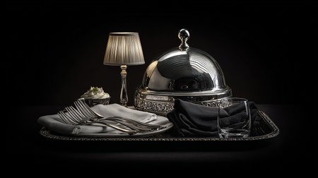 Restaurant cloche with tableware and lamp on black backgroundの素材