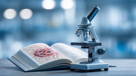 Microscope and book on table in laboratory. Science and education concept.の素材