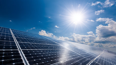 solar energy with blue sky and sun, photovoltaicの素材