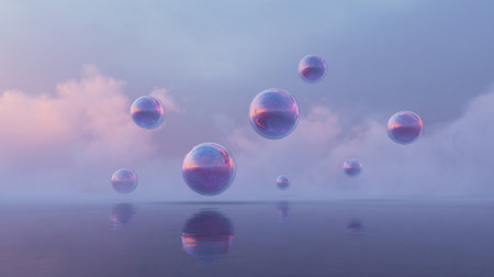 Soap bubbles floating in the sky. 3D render illustration.の素材