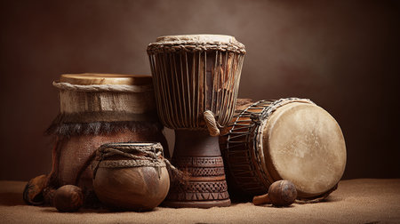 Djembe drums and other musical instruments on a brown backgroundの素材