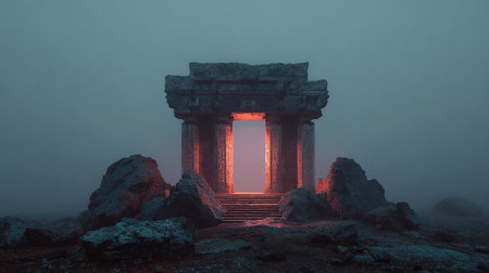 Mysterious ruins of an ancient temple in a foggy nightの素材