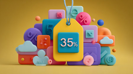 3d render of colorful shopping tag with 35 percent discount on yellow backgroundの素材