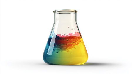 Chemical flask with colorful liquid on white background. 3d illustrationの素材