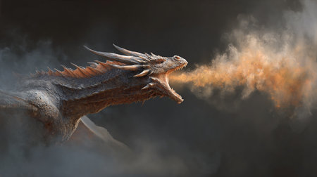 3D Illustration of a fantasy dragon with smoke coming out of its mouthの素材