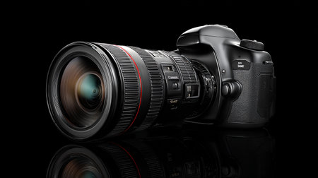 Digital SLR camera on black reflective background. 3d illustration.の素材