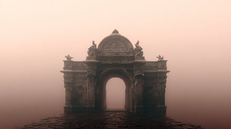 Gate of Heaven in foggy morning, Udaipur, Indiaの素材