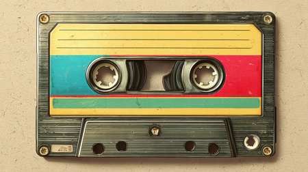 Vintage audio cassette tape on old paper background. Retro style.の素材