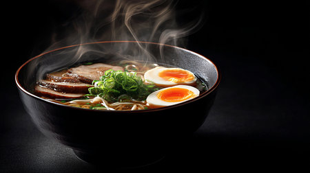 Japanese ramen noodle soup with beef and egg on black backgroundの素材
