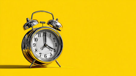 Retro alarm clock on a yellow background. Place for text.の素材