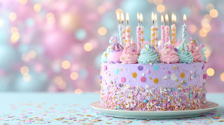 Birthday cake with burning candles on blurred background, closeup viewの素材